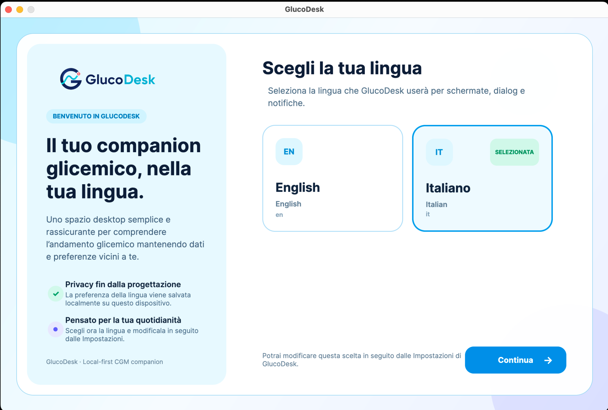 GlucoDesk first-launch language selection