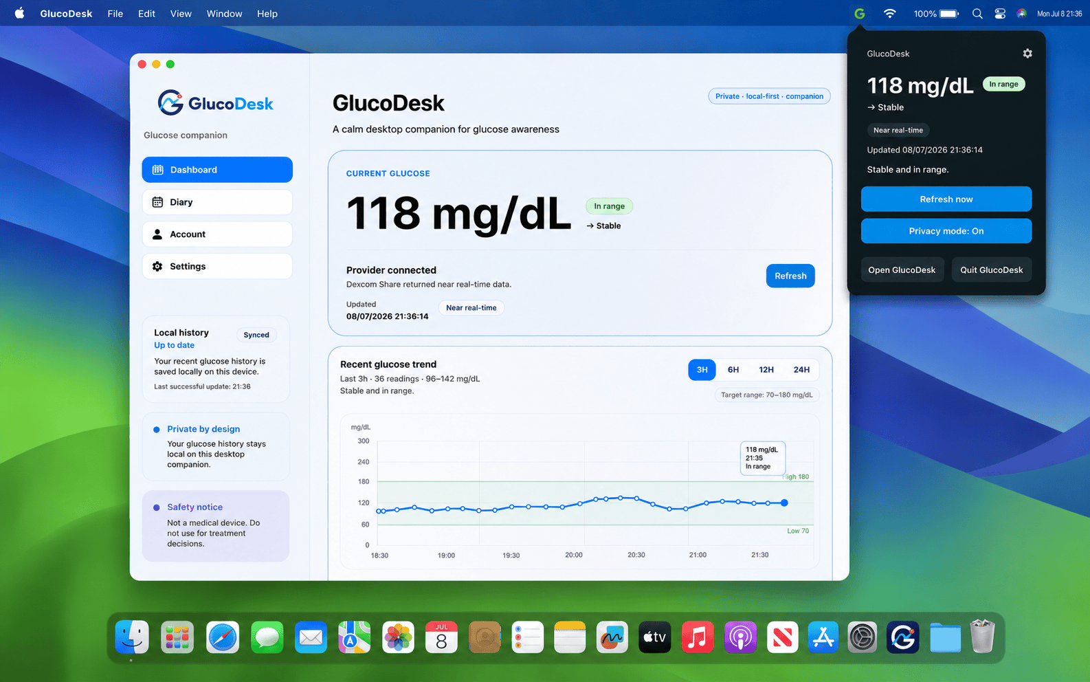 GlucoDesk glucose states in the desktop menu bar