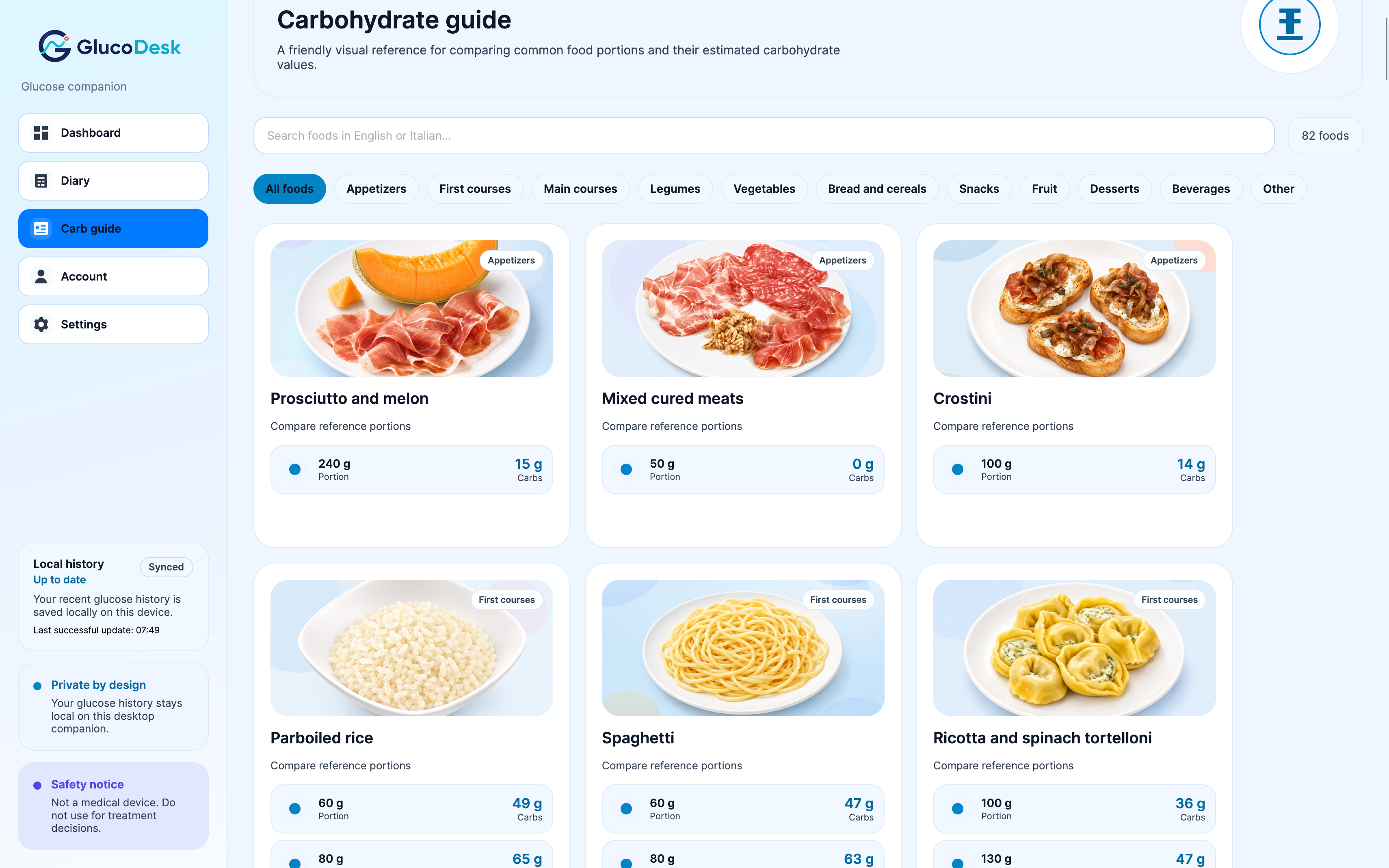 GlucoDesk visual carbohydrate guide with food categories and reference portions