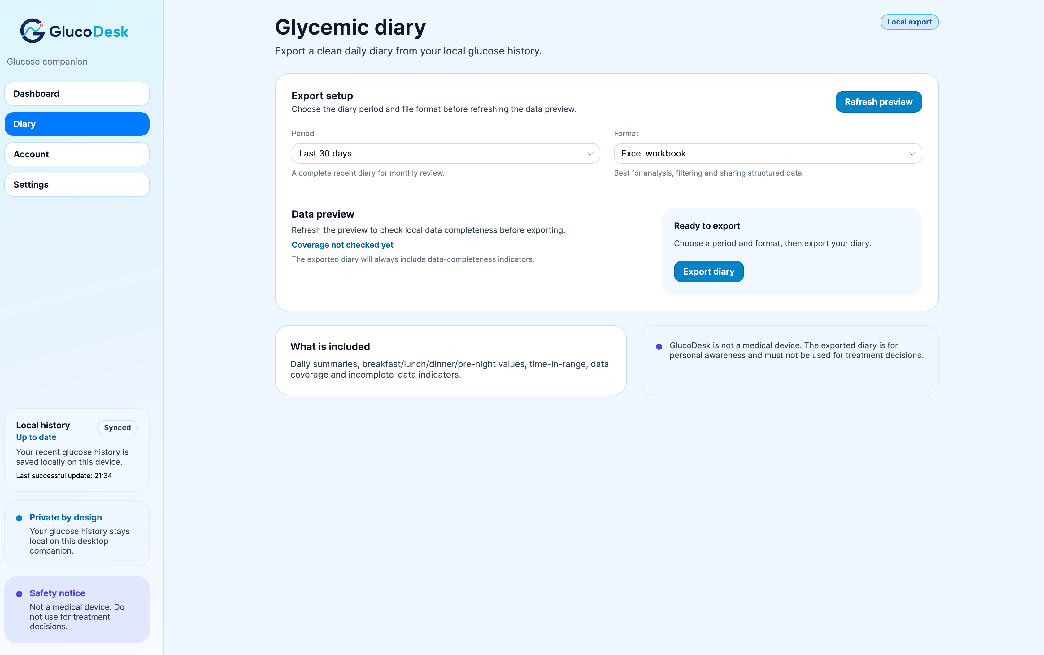 GlucoDesk glycemic diary and local insights